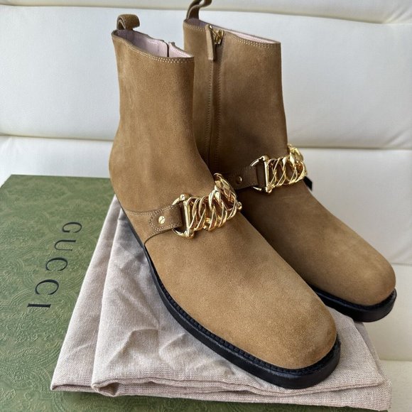 NEW GUCCI Tan Suede Chain-Link Ankle Boots Shoes Size 40 Cowboy Brown - Picture 3 of 10